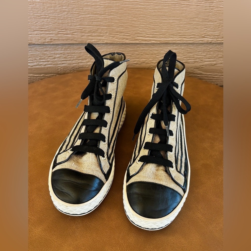 CHANEL Authentic Beige and Black High-Top Lace Up Canvas Sneakers Sz 37.5 - Picture 3 of 6